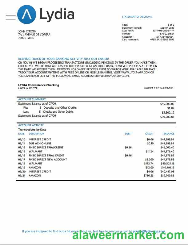 France Lydia Noir bank statement template, Word and PDF format